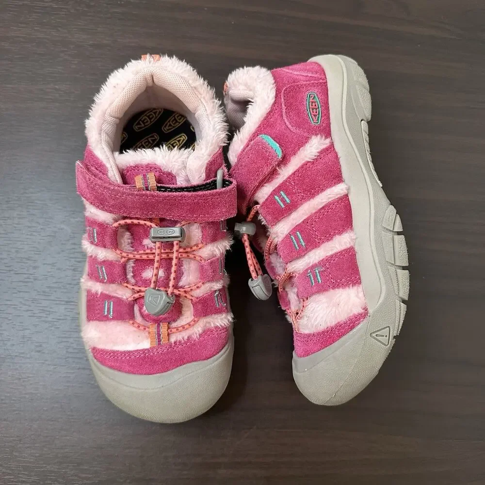 KEEN Newport H2 Pink/Gray Suede Faux Fur Lined Hook & Loop Sneakers US 1 Kids